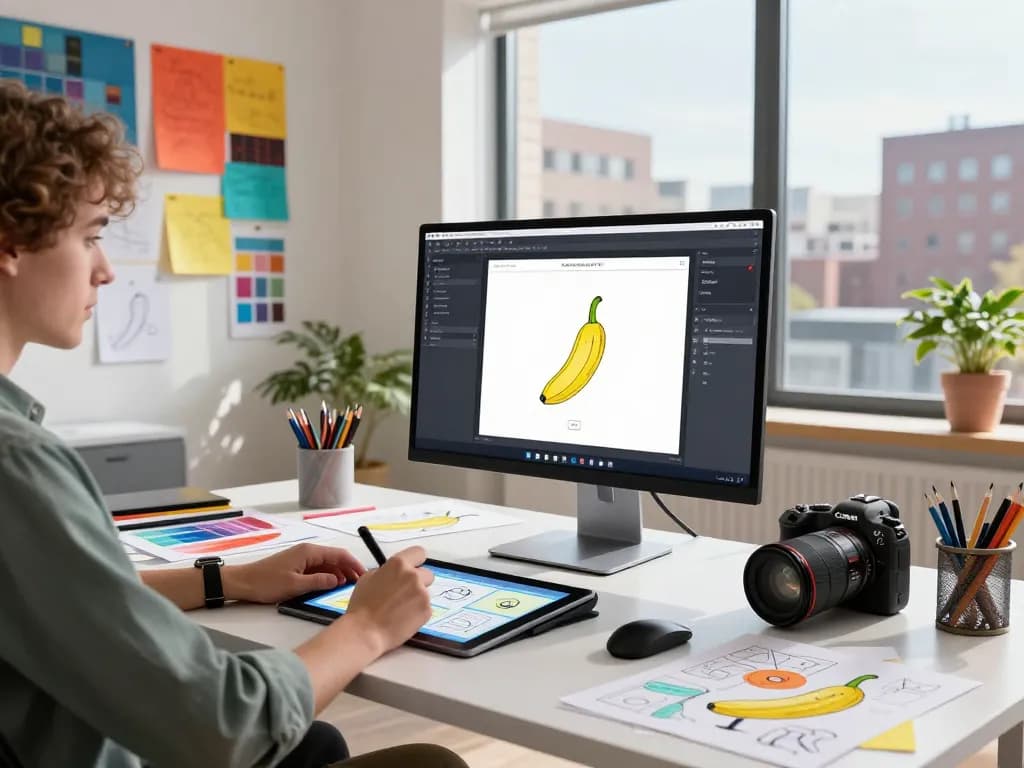 Designer using nano banana ai in a vibrant digital art studio, showcasing creative tools and sketches.