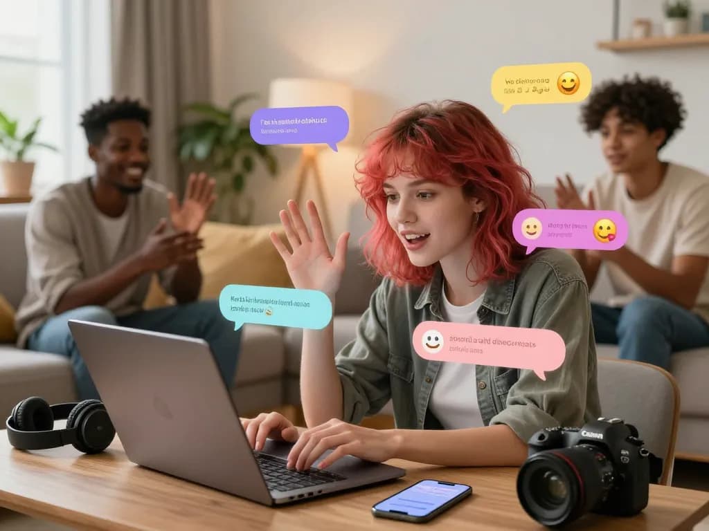 Engaging woman in playful conversation on a sex chat AI platform in a cozy room.