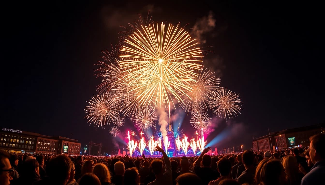 Experience the spectacular Manchester fireworks bursting over a captivated crowd.