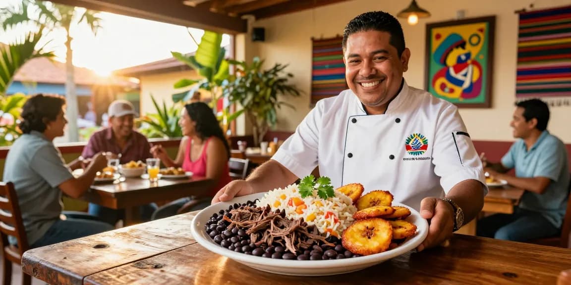 Experience the best pabellon criollo near me with vibrant Venezuelan dishes beautifully presented in a cozy restaurant setting.
