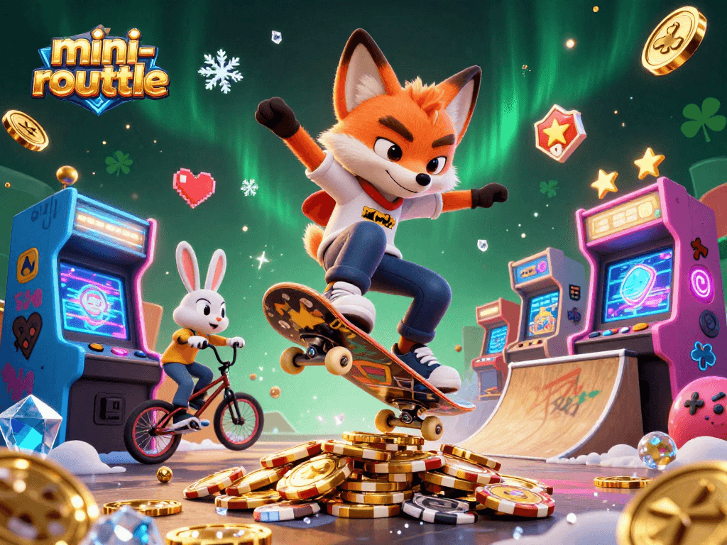 Experience mini-roulette excitement with a kickflipping fox and BMX rabbit with casino-themed graffiti.