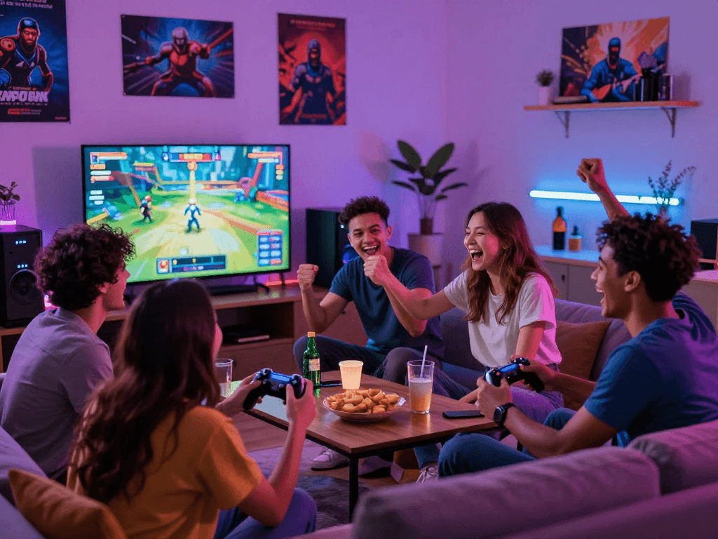 Friends playing exciting porn games together in a cozy living room setting.