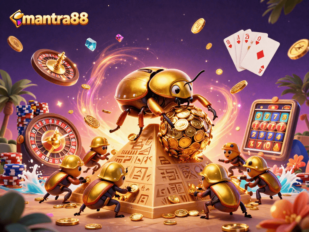 Experience the excitement of mantra88 with golden beetles rolling coins in a vibrant casino scene.