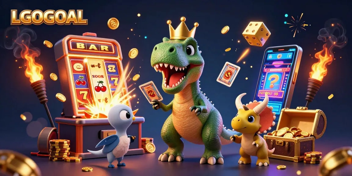 Experience thrilling slots and games at LGOGOAL with a cartoon dinosaur casino scene.