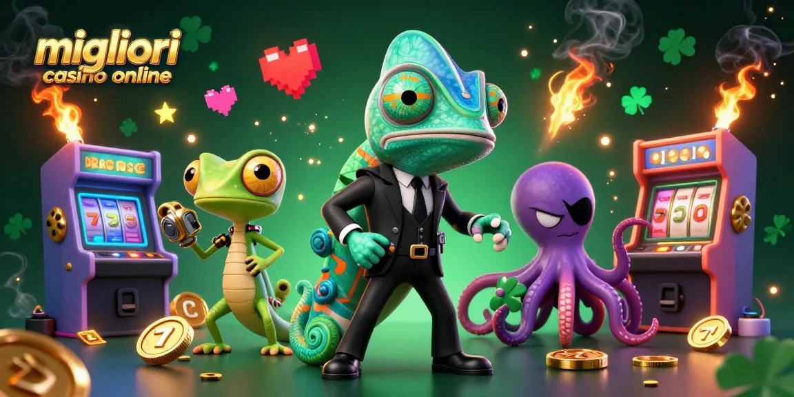 Scopri i migliori casinò online con un'illustrazione di un camaleonte segreto e giochi d'azzardo glitteranti.