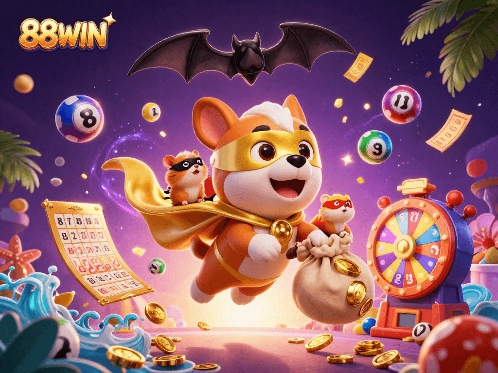 88WIN celebrates luck with a superhero dog and hamster amidst bouncing lottery balls and exciting game elements.