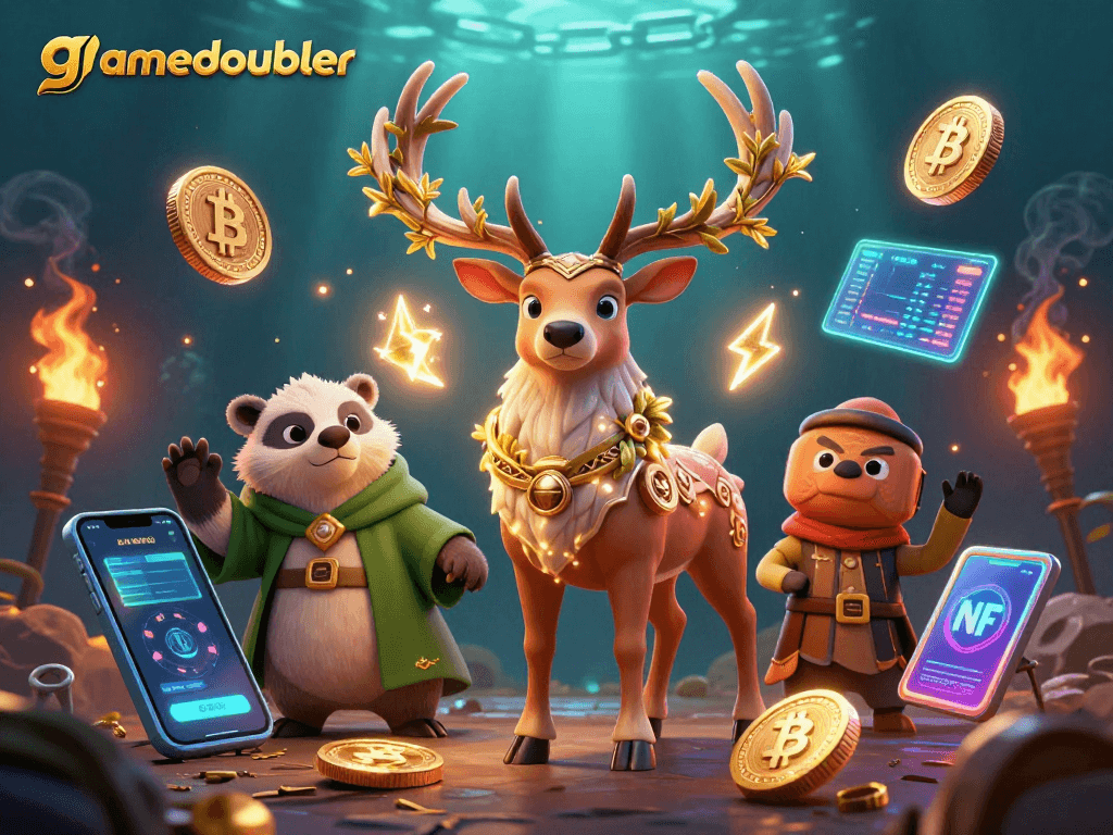 Experience thrilling gaming at gamedoubler with an enchanting illustration of Celtic characters and crypto coins.