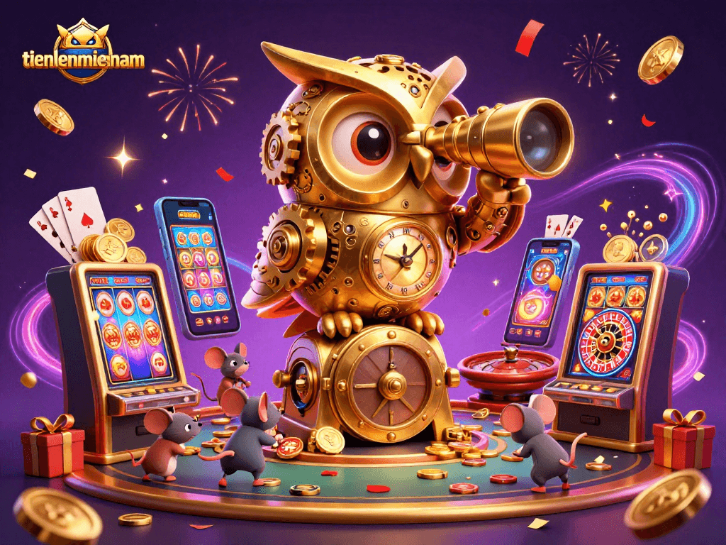 Try your luck with tienlenmiennam as the golden owl surveys a vibrant casino scene filled with excitement.