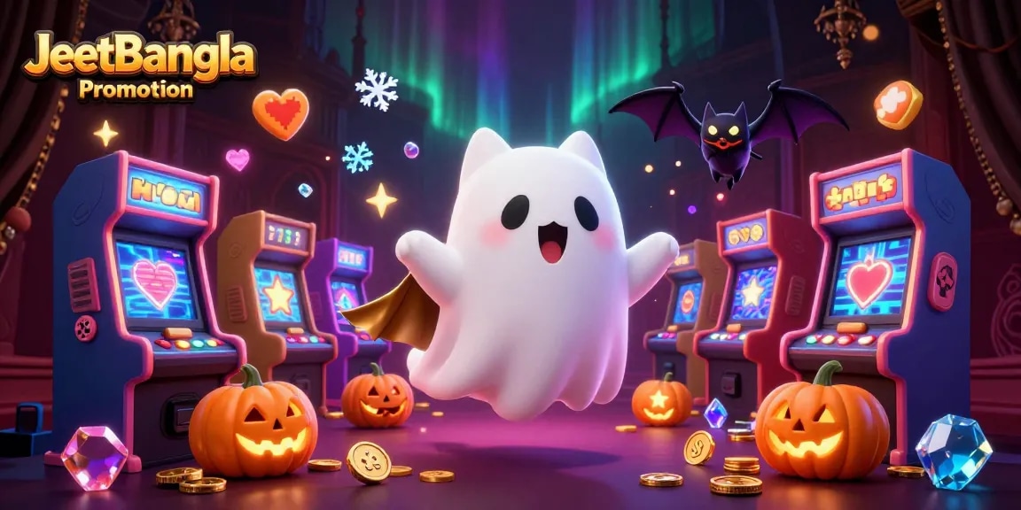 Engage in exciting gaming with JeetBangla Promotion featuring glowing jack-o-lanterns and vibrant arcade games.