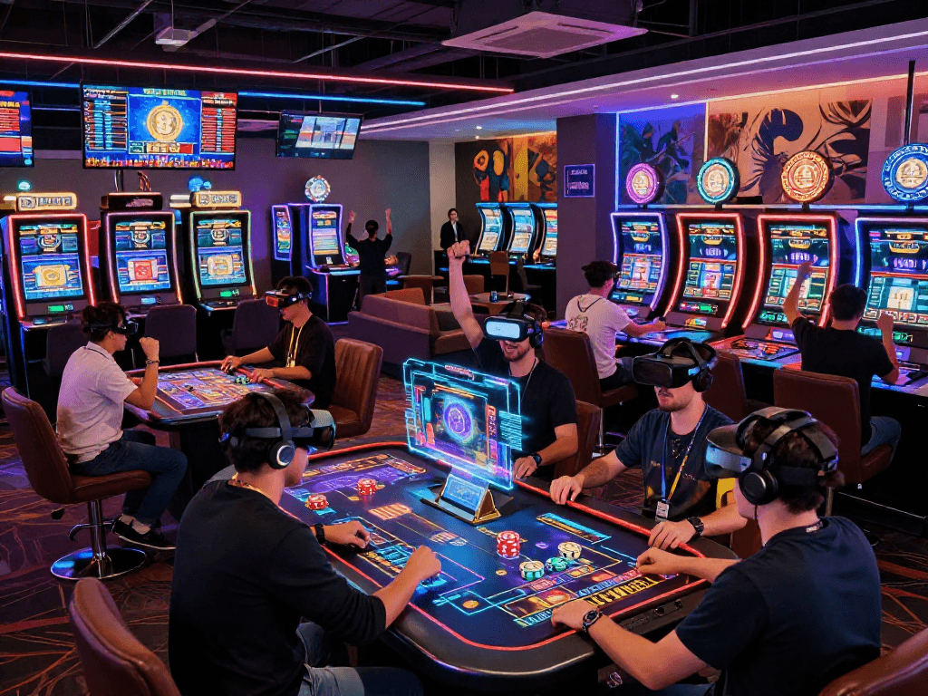 Engaging scene of a crypto casino with diverse gamers, digital interfaces, and vibrant lights showcasing an innovative gaming experience.