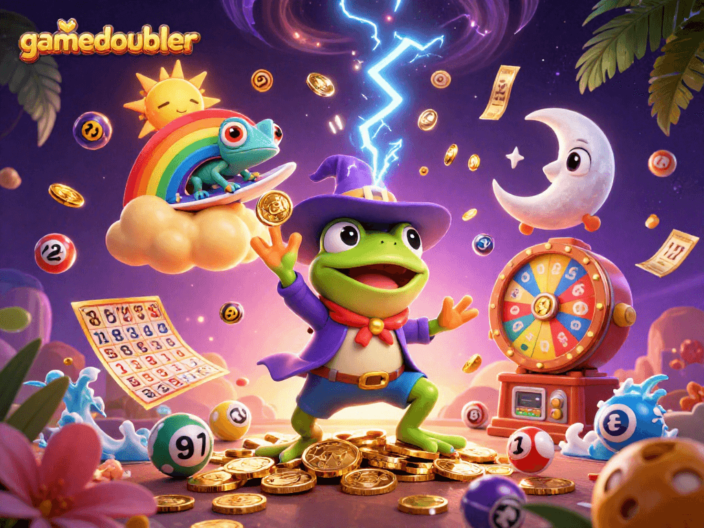 Experience gamedoubler's vibrant world with a wizard frog and chameleon amidst dazzling casino elements.