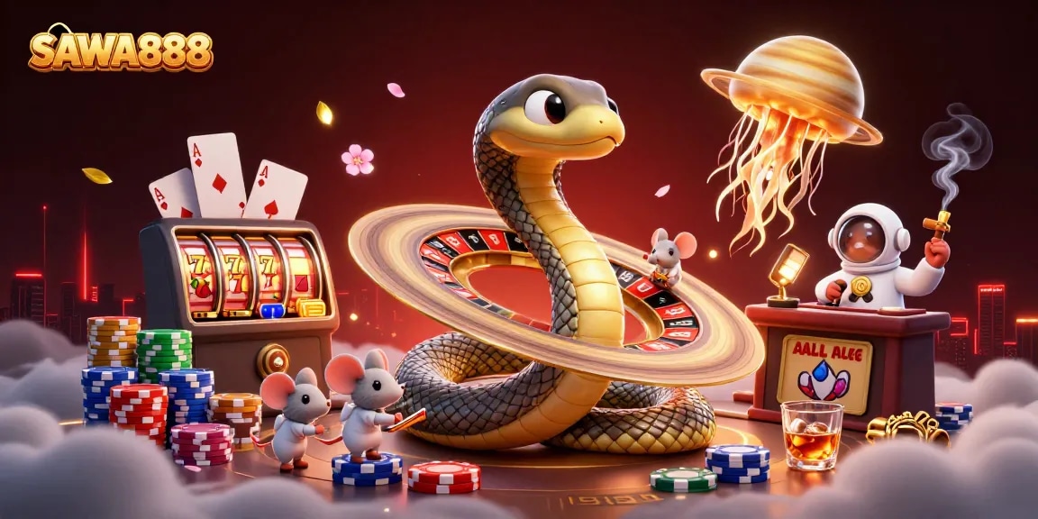SAWA888 offers an exciting cosmic illustration featuring players in a casino, spinning slots and making bets.