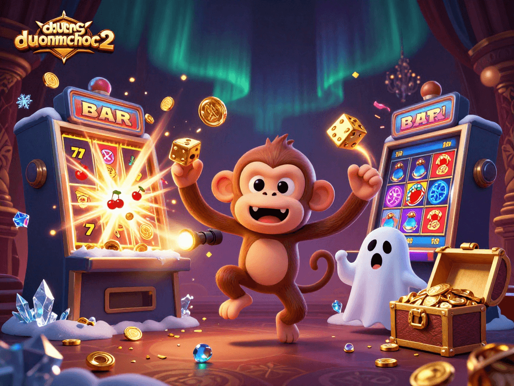 Engage in the thrilling duongmatchuoc2 experience with a playful poltergeist monkey in a vibrant casino.