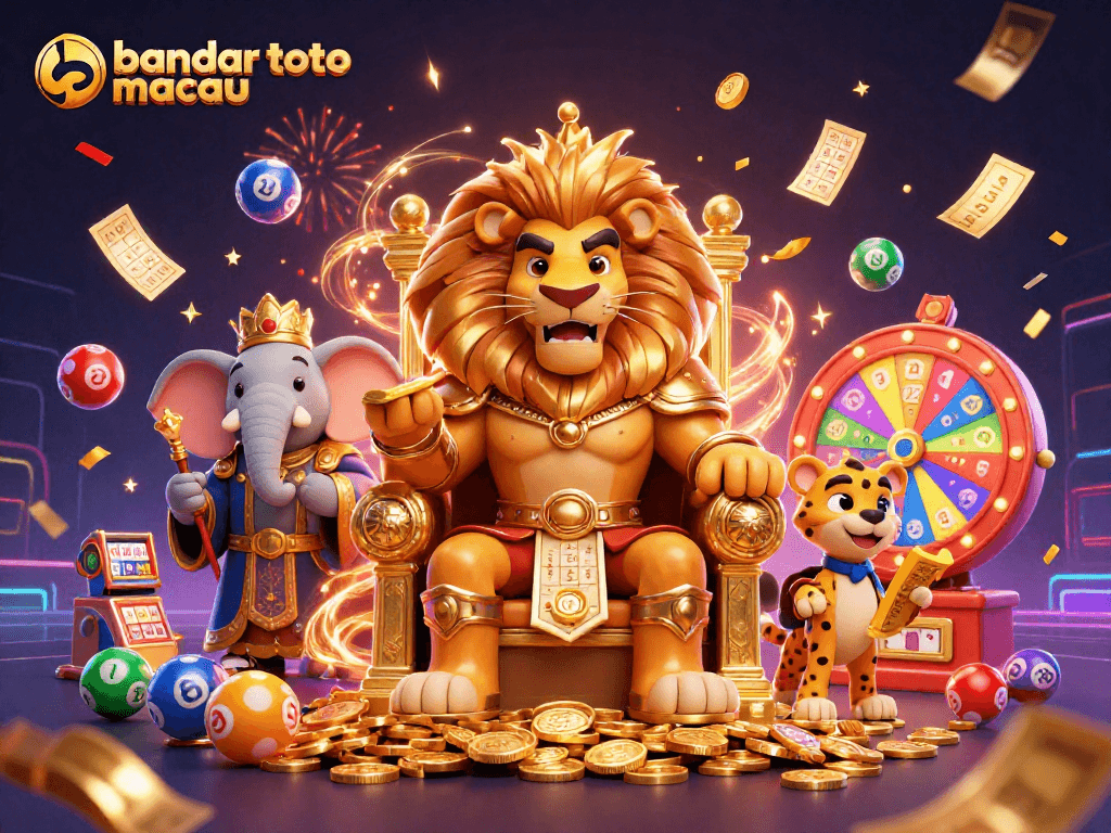 Engaging scene depicting bandar toto macau with vibrant lottery balls and animated characters celebrating wins.