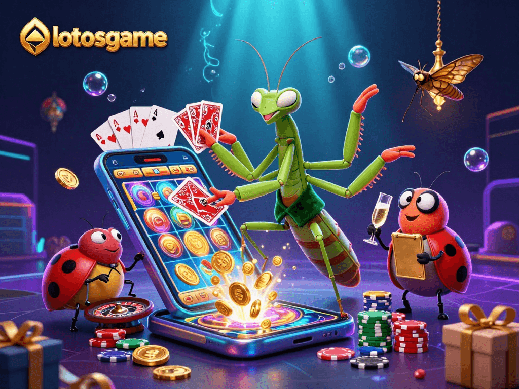 Engage in thrilling gameplay at lotosgame with vibrant casino illustration featuring characters and dynamic elements.