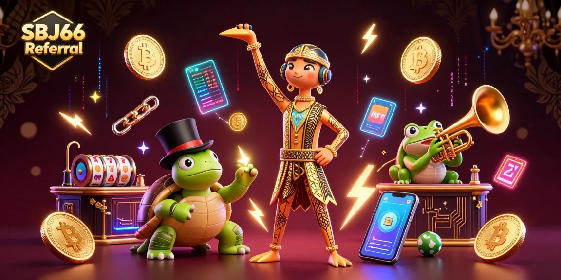 Engage with the SBJ66 Referral rewards in this vibrant casino-themed 3D illustration.