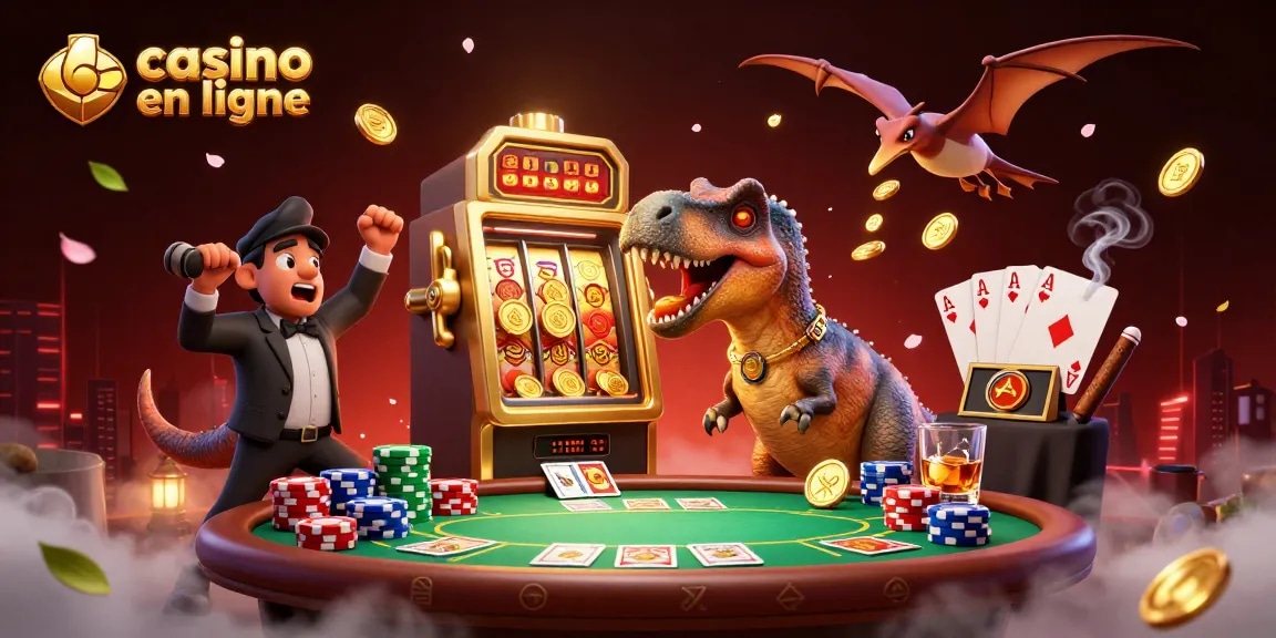 Casino en ligne avec un pachycéphalosaure frappant une machine à sous dorée pour un jackpot.