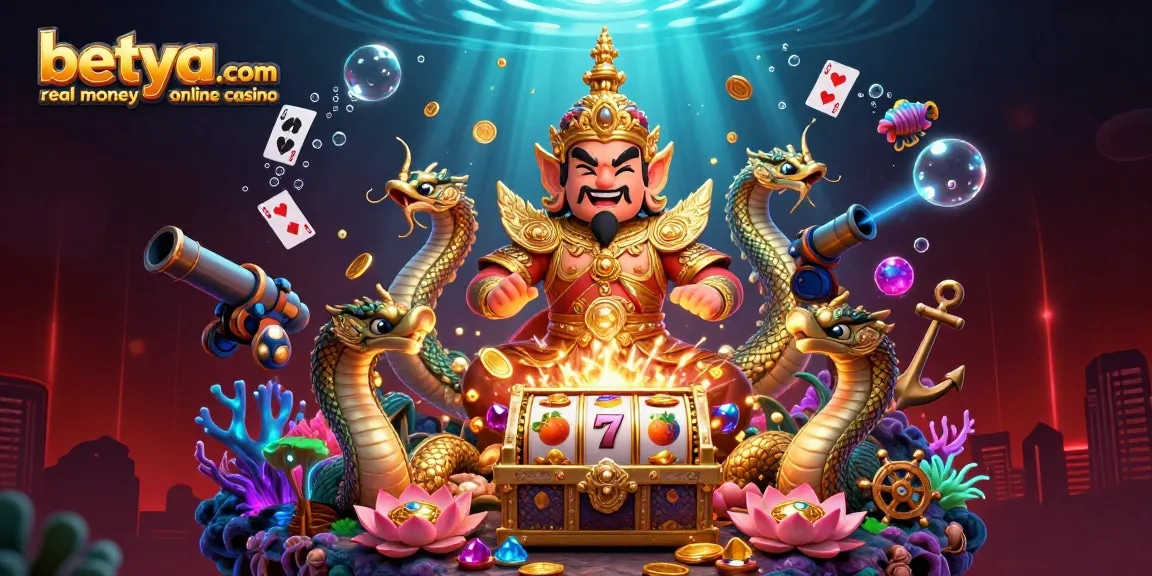 Engage with betya.com real money online casino featuring vibrant 3D illustrations of Thai guardian and treasures.