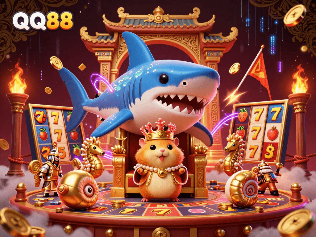 Experience the thrilling QQ88 casino adventure with the golden hamster king on a megalodon throne amid vibrant game elements.