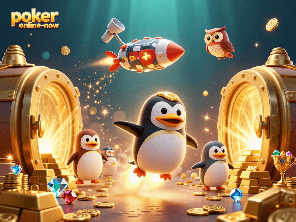Experience the thrill of poker-online-now in a colorful 3D casino scene with engaging elements.