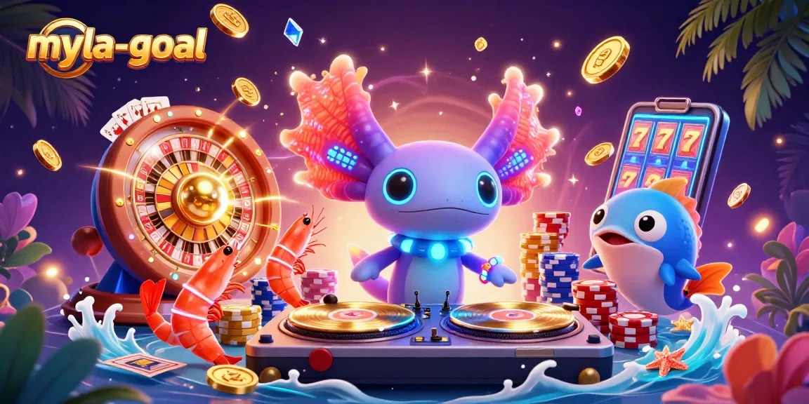 Experience the excitement of myla-goal with dynamic gameplay elements and vibrant characters in a gambling-themed scene.