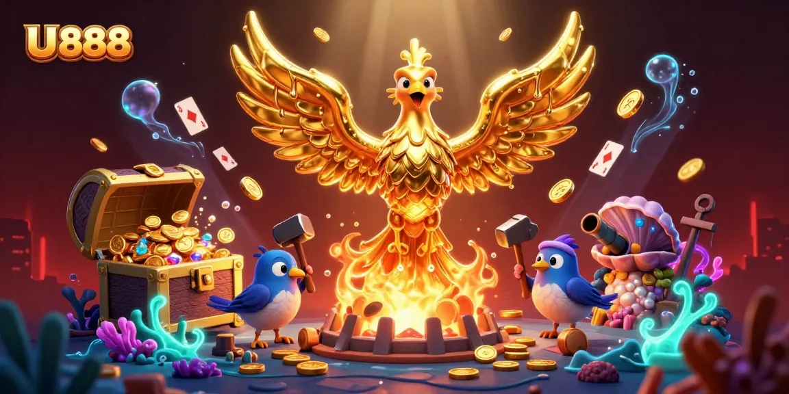 Experience the thrill of U 888 with vibrant casino games and shimmering coins in this dynamic scene.