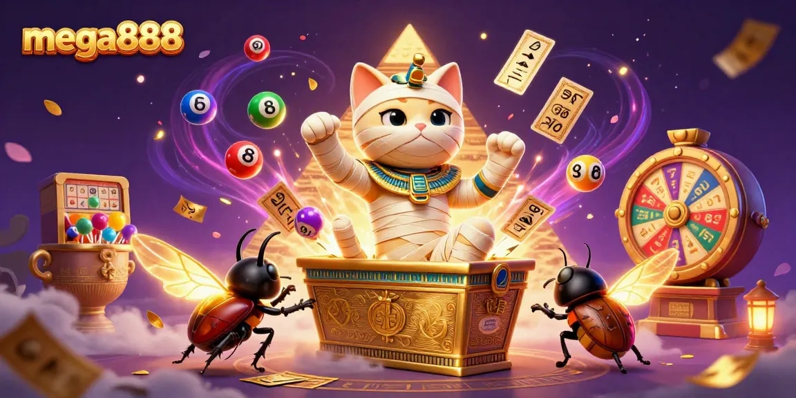 เล่น mega888 ที่คาสิโนออนไลน์ ด้วยการ์ตูนอียิปต์และลูกบอลล็อตเตอรี่สีสันสดใส
