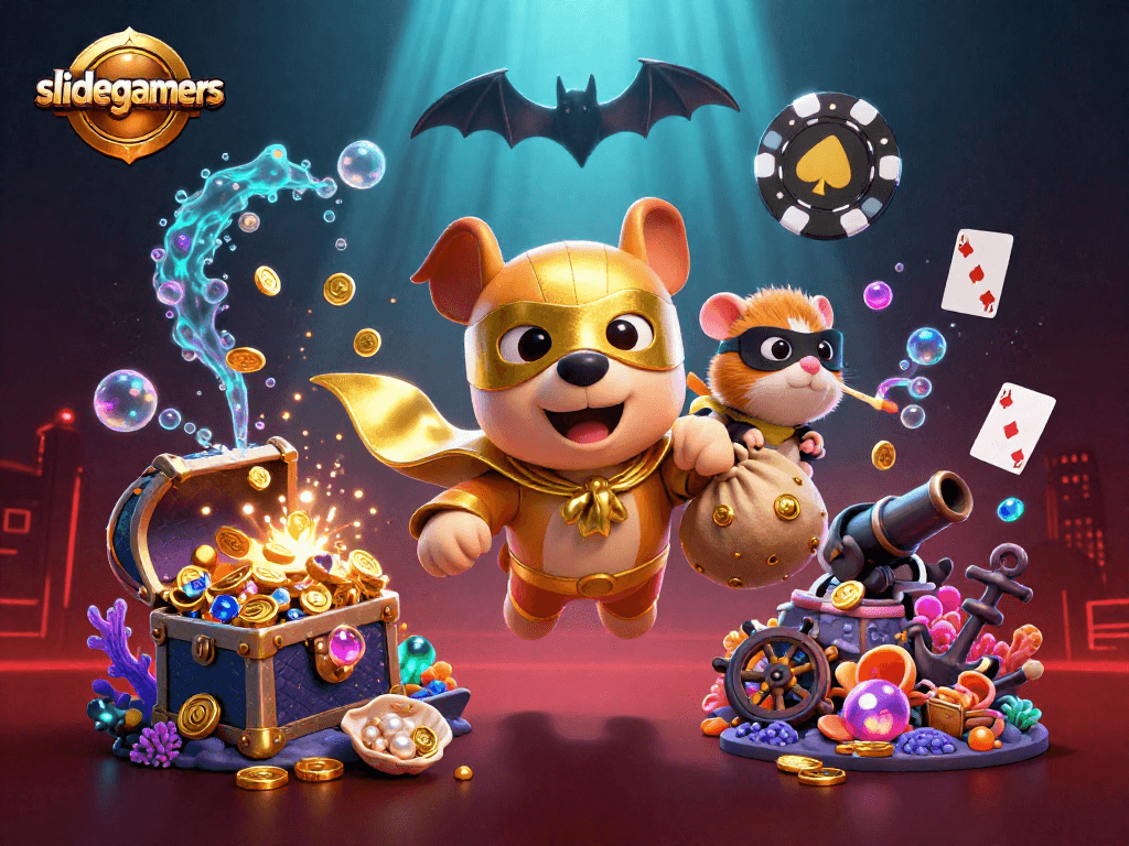 Engage with slidegamers as a superhero dog and hamster fly amidst treasure and poker chips, showcasing thrilling casino adventures.