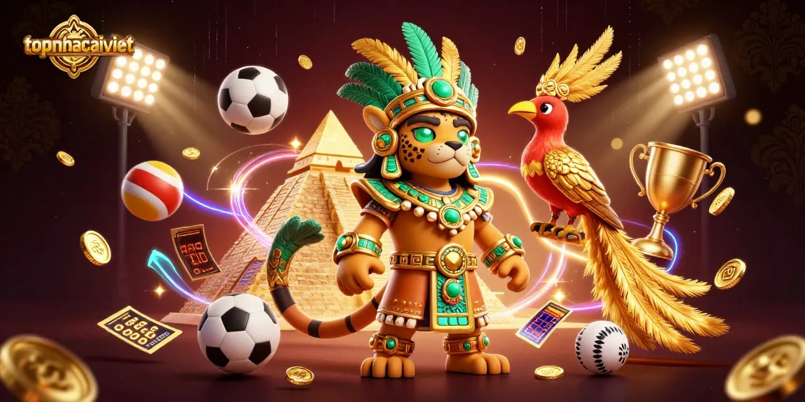 Engage with topnhacaiviet in this vibrant 3D casino scene featuring dynamic sports elements and Mayan characters.