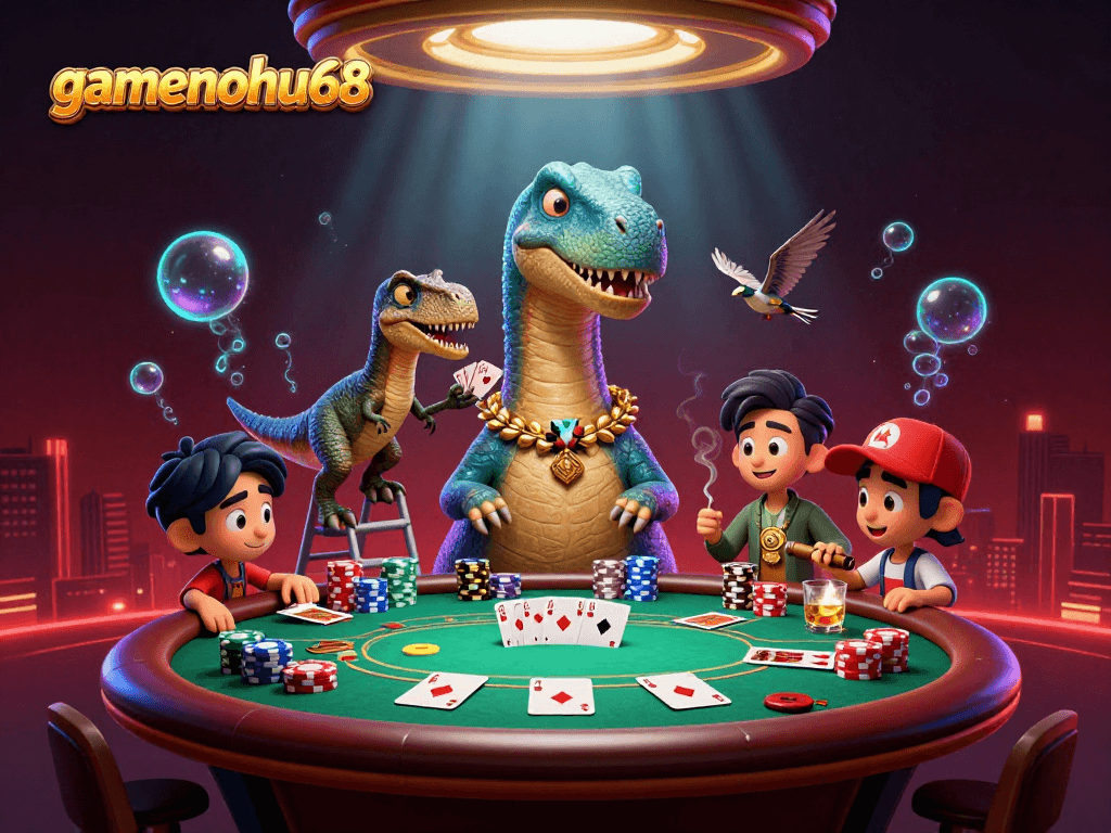gamenohu68 showcases a vibrant, dynamic poker scene with a brontosaurus, raptor dealer, and colorful chips.