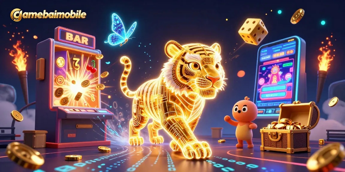 gamebaimobile showcases vibrant digital casino scene with golden tiger and jackpot symbols