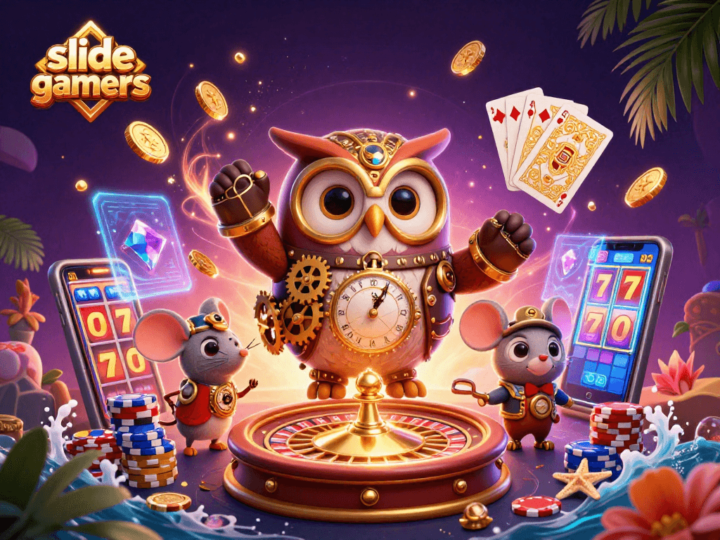 Engage with slidegamers in a vibrant 3D casino scene featuring an owl and mouse amid dynamic gaming elements.