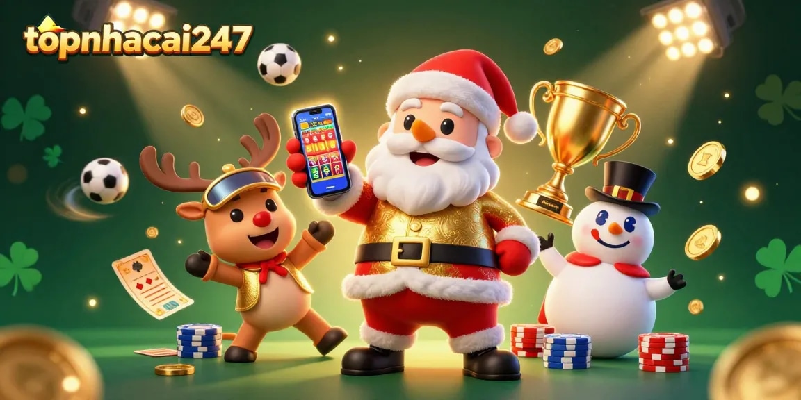 topnhacai247 showcases a lively casino scene with Santa and friends celebrating jackpot wins.