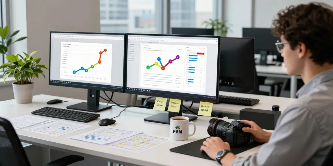 Aged domain PBN links analysis in a digital marketing workspace with SEO metrics, documents, and modern office elements.