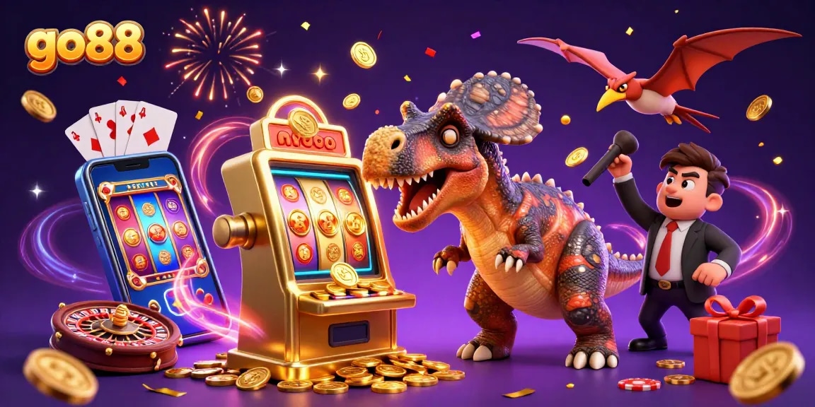 go88 features a pachycephalosaurus winning casino coins from a slot machine, with jubilant elements of play.