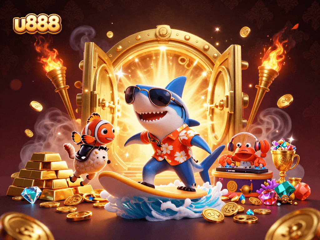Experience the thrill at u888 with a dynamic casino scene featuring cartoon characters and treasure elements.