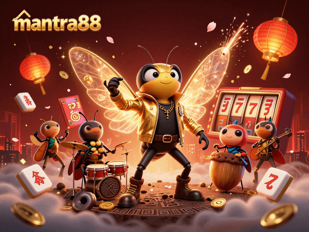 Engage with mantra88 in a vibrant 3D casino scene featuring a cicada rock star and lucky symbols.