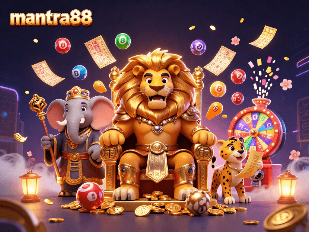 Win exciting jackpots with mantra88 in a vibrant casino scene filled with colorful elements and dynamic characters.