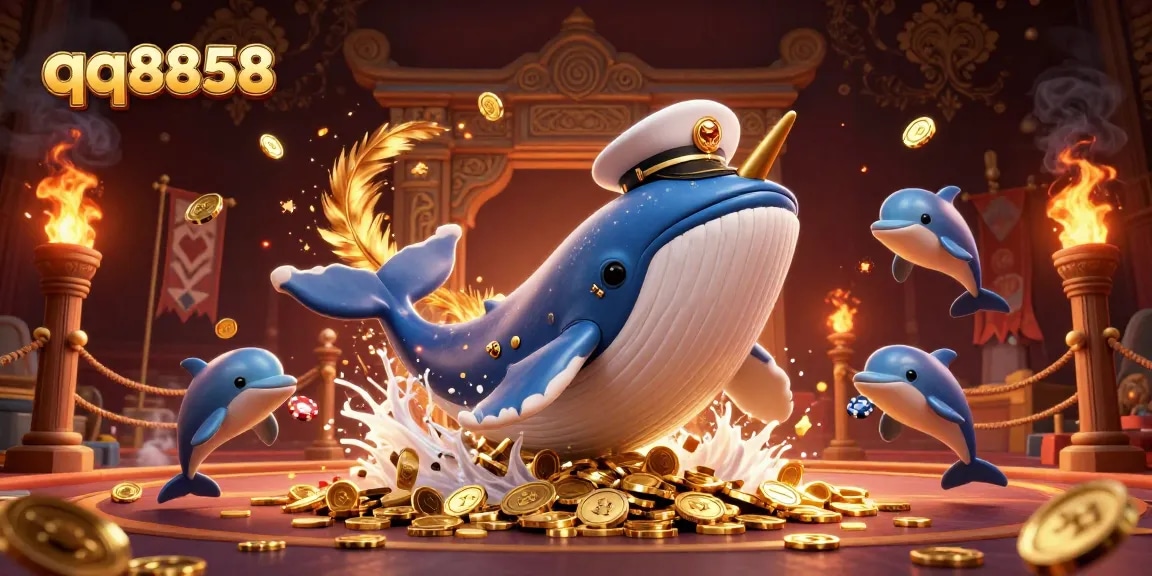 Experience the thrill of qq8858 with a vibrant illustration of a whale, narwhal, and dolphins amidst casino elements.