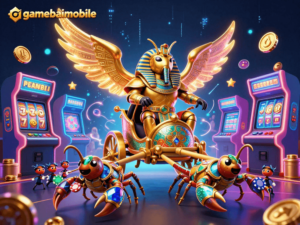 gamebaimobile features a lavish 3D illustration of casino characters and gaming elements.