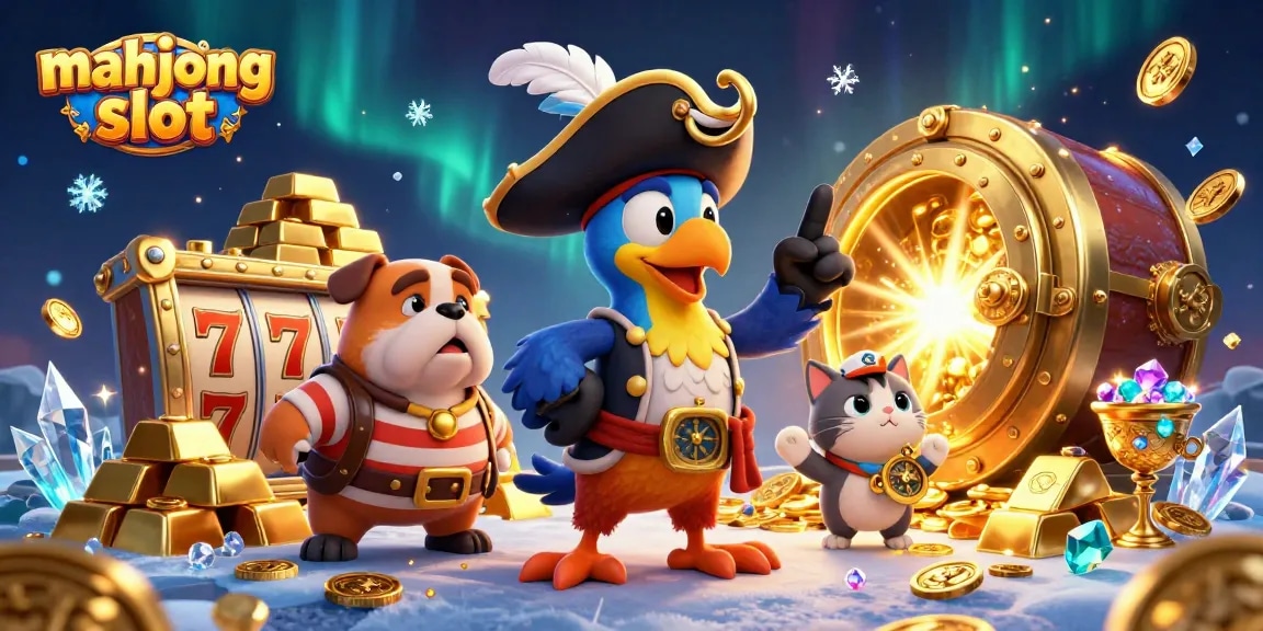 Engaging mahjong slot cartoon scene showcasing characters and sparkling casino elements.