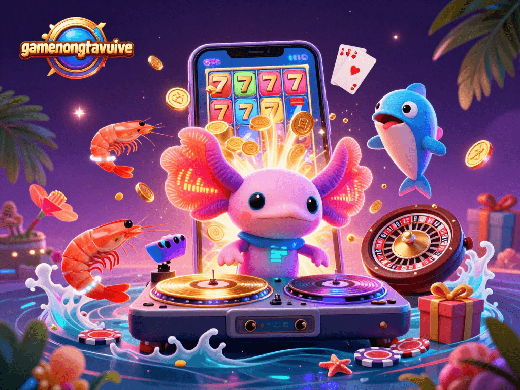 Experience gamenongtraivuive with a vibrant depiction of an axolotl DJ spinning slots amidst ocean-themed characters.