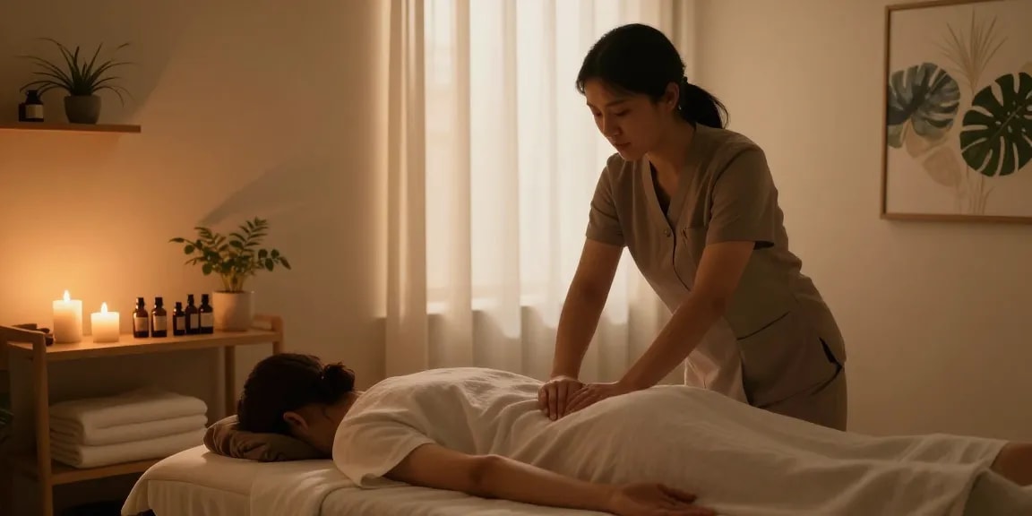 마사지 테라피룸에서 편안한 분위기 속에 고객에게 서비스를 제공하는 장면