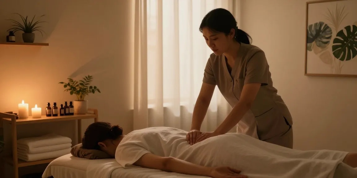 마사지 테라피룸에서 편안한 분위기 속에 고객에게 서비스를 제공하는 장면