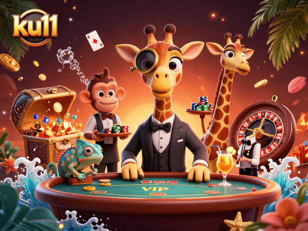 Join the excitement at ku11 with a vibrant scene of a high-roller giraffe and friends enjoying casino games.