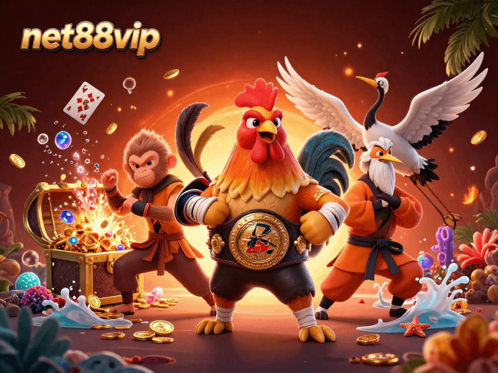 Play and win at net88vip with thrilling gameplay featuring Muay Thai rooster and Shaolin monkey.