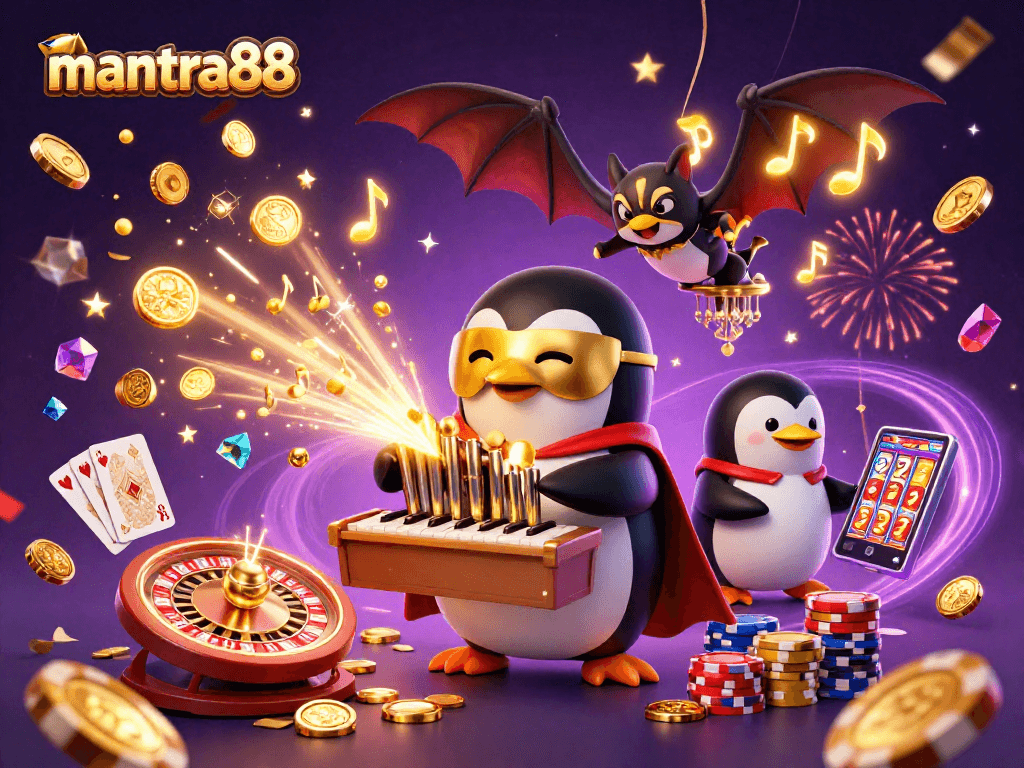 Experience the thrill of mantra88 with a cartoon penguin playing a pipe organ spewing gold coins and gems in a festive casino scene