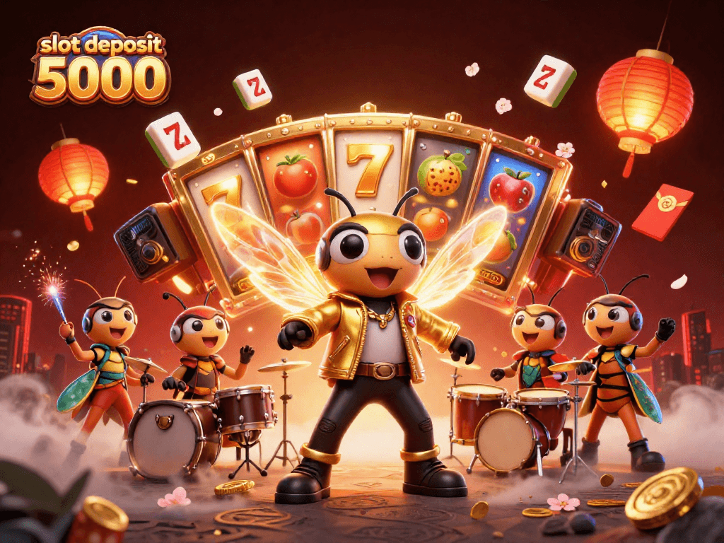 Engage with slot deposit 5000 featuring vibrant slot reels, a cicada rock star, and festive casino elements.