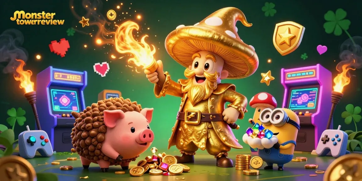 Engage with the magical world of monstertowerreview as a golden wizard conjures treasures in a vibrant casino scene.
