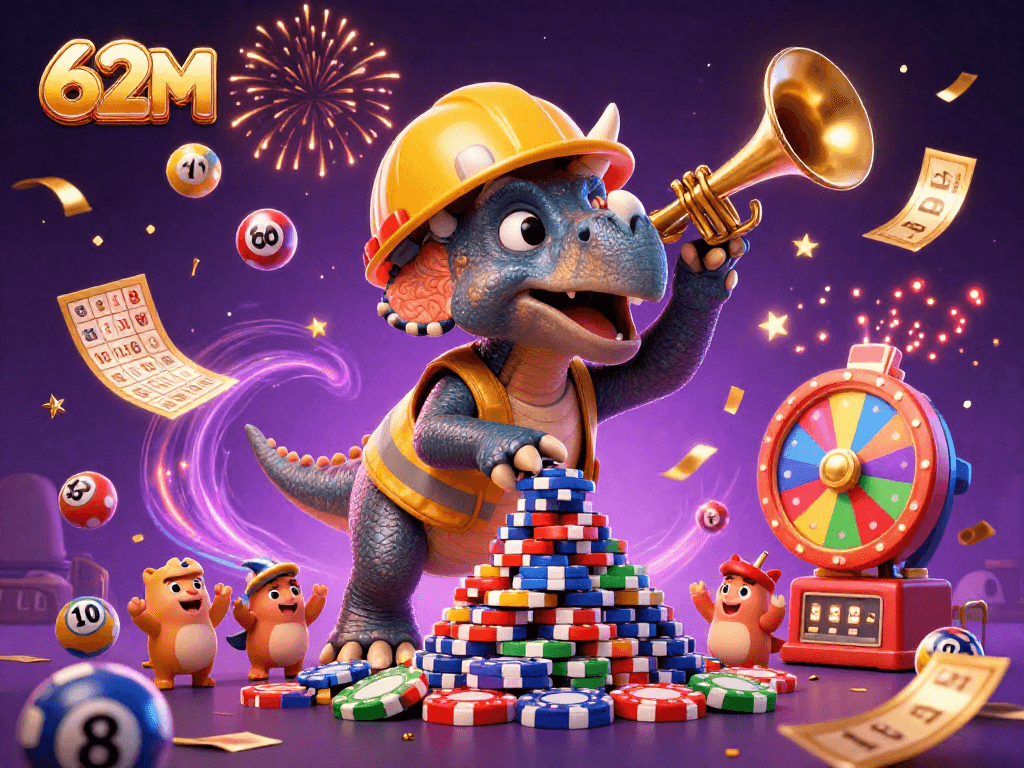 O 62M apresenta uma cena vibrante de dinossauros celebrando em um cassino com elementos de loteria.